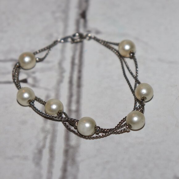 🤍📿✨ SILVER & PEARL MULTI-STRAND BRACELET · 7.25" - Picture 1 of 3